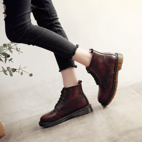 马丁靴女英伦系带真皮短靴女高帮女鞋2017新款秋冬圆头复古小皮鞋